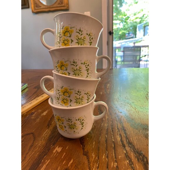 Corelle Spring Blossom Vintage Coffee Cups Set Of 4 Yellow & Green Floral Design - Picture 7 of 7